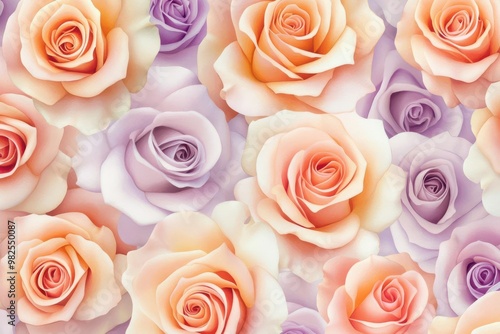 Soft watercolor roses in pastel peach and soft lavender, seamless pattern with a romantic feel