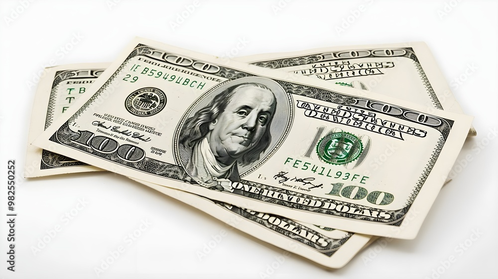 Close-Up of Stacked Hundred Dollar Bills on White Background Close-Up of Stacked Hundred Dollar Bills on White Background