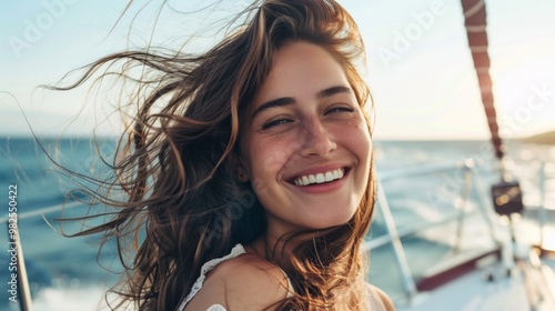 Portrait of 39 years old happy woman, on a yacht at sea, with long brown hair, round shaped face, Cinematic, Photoshoot, Shot on 25mm lens, AI Generative photo