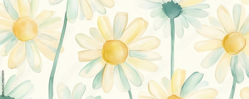 Watercolor daisies in pale yellow and mint, seamless floral pattern with subtle pastel shades and fresh feel Watercolor daisies in pale yellow and mint, seamless floral pattern with subtle pastel shades and fresh feel