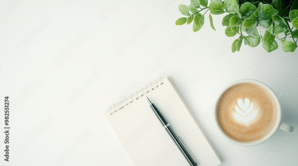 Note taking essentials. A notebook with a pen, a coffee cup, and a ...