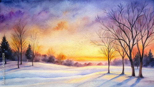 Sunset over a snowy landscape with silhouetted trees, tranquil and beautiful winter scene in vibrant hues 