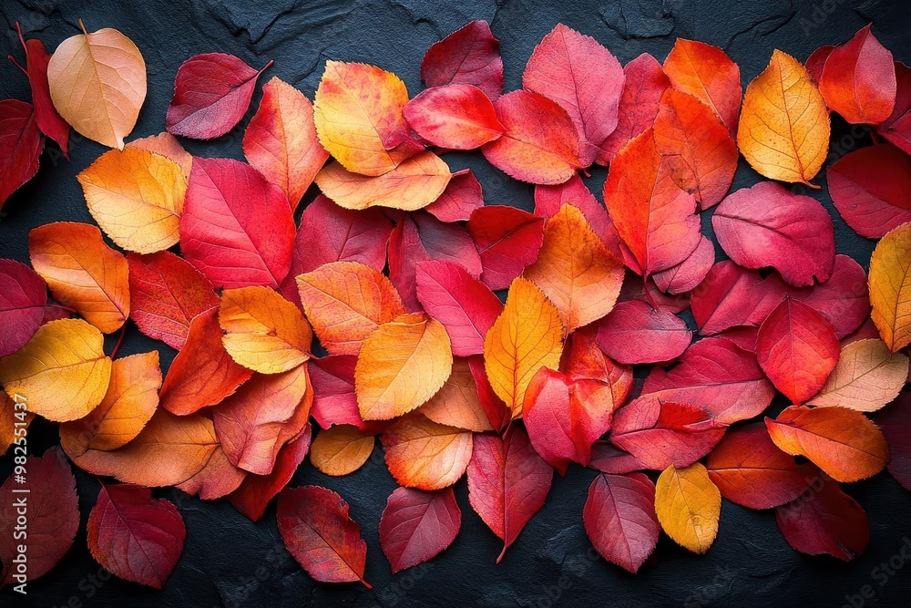 vibrant autumn leaves scattered on deep black background rich reds oranges and golds pop against the dark surface creating a dramatic seasonal still life vibrant autumn leaves scattered on deep black background rich reds oranges and golds pop against the dark surface creating a dramatic seasonal still life