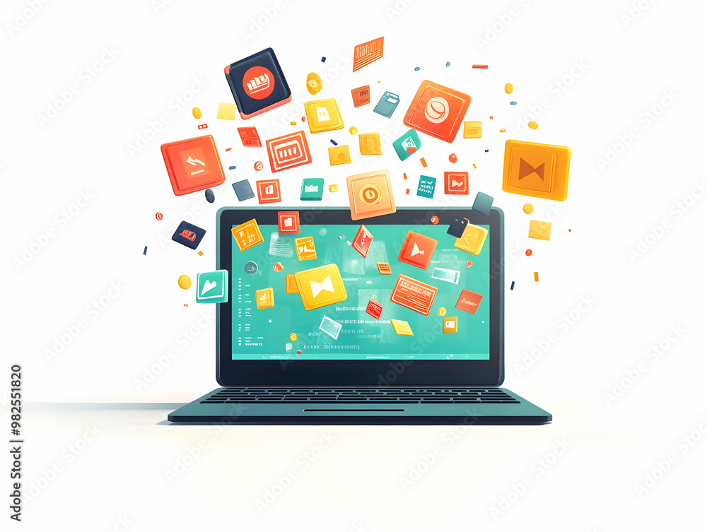 Flat Glossy Laptop on White Surface with Holographic Coupon Icons | Digital Retail & E-commerce Promotions Design in Simple Vector Illustration Flat Glossy Laptop on White Surface with Holographic Coupon Icons | Digital Retail & E-commerce Promotions Design in Simple Vector Illustration