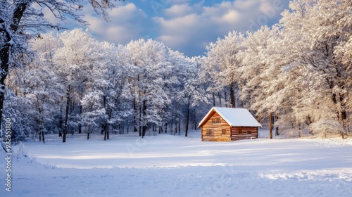 A small wooden cabin sits in a snowy forest clearing, surrounded by tall, snow-covered trees. The sun shines brightly on the scene, casting long shadows across the snow.