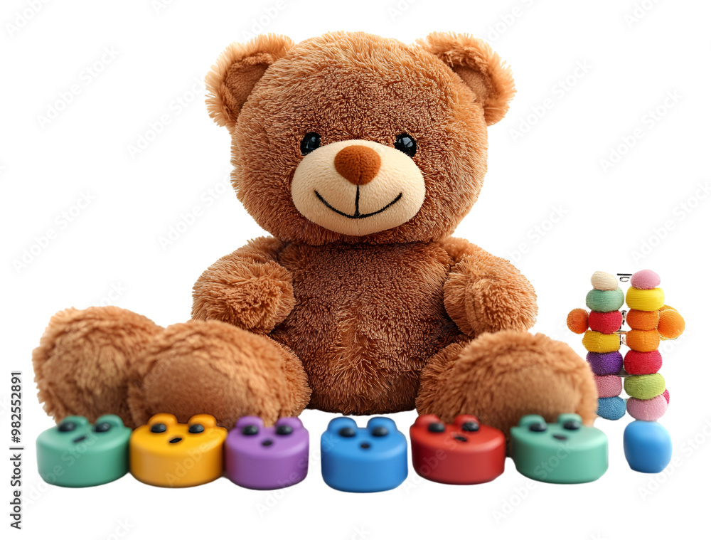 Fototapeta premium a teddy bear and colorful toys. 