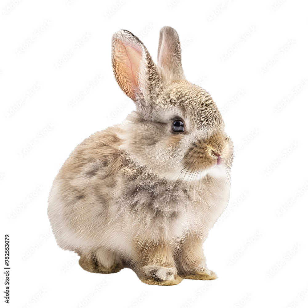 Obraz premium Fluffy baby bunny is sitting on a white background