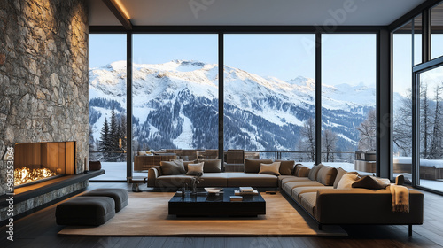 Contemporary mountain interior design concept with a mix of sleek, modern furniture, cozy textiles, and large windows showcasing alpine views.