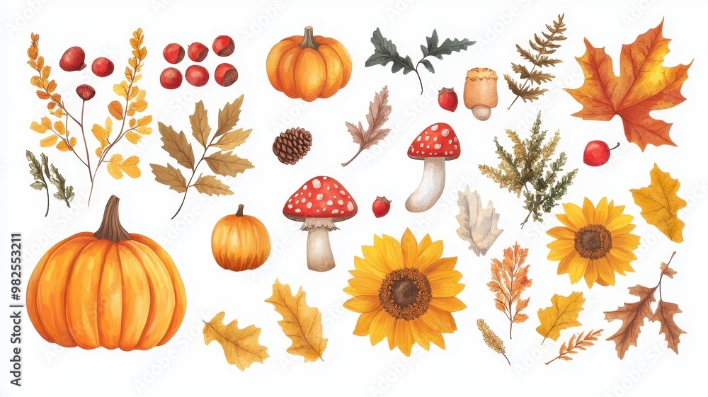 Watercolor of autumn elements set with Pumpkins,maple leaves,mushrooms,sunflower,Collection autumn seasonal holidays design,Thanksgiving,Halloween,Handmade art,party posters,decorate your artwork. Watercolor of autumn elements set with Pumpkins,maple leaves,mushrooms,sunflower,Collection autumn seasonal holidays design,Thanksgiving,Halloween,Handmade art,party posters,decorate your artwork.