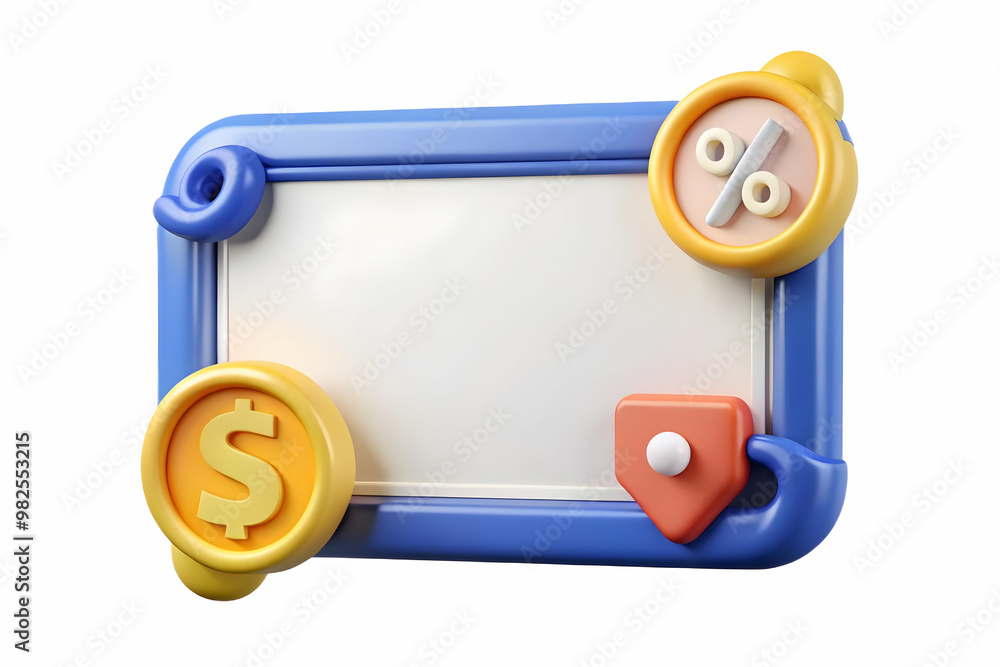 3D Elegant Border Frame with Coupon Icon & Dollar Sign for Business Promotions - Stylish Design with Ample Copy Space on White Background 3D Elegant Border Frame with Coupon Icon & Dollar Sign for Business Promotions - Stylish Design with Ample Copy Space on White Background