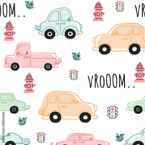 toy cars seamless pattern hand drawn doodle. vector, minimalism. cute baby print for textiles, wallpaper, wrapping paper. racing, transport, for boys.