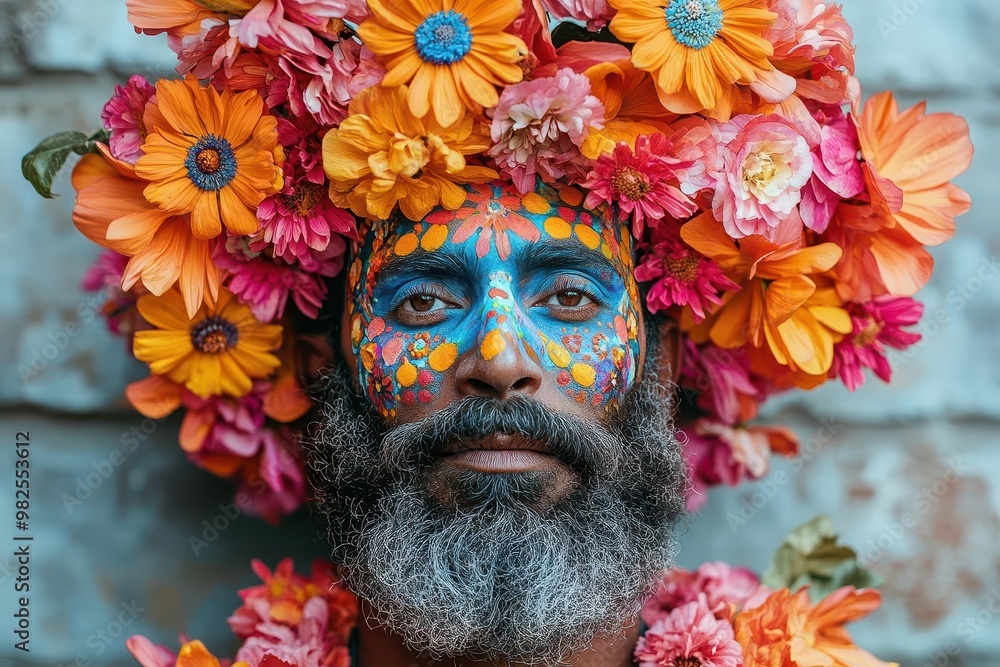 vibrant portrait of a bearded man with kaleidoscopic face paint wearing a riot of floral patterns against a weathered brick backdrop vibrant portrait of a bearded man with kaleidoscopic face paint wearing a riot of floral patterns against a weathered brick backdrop