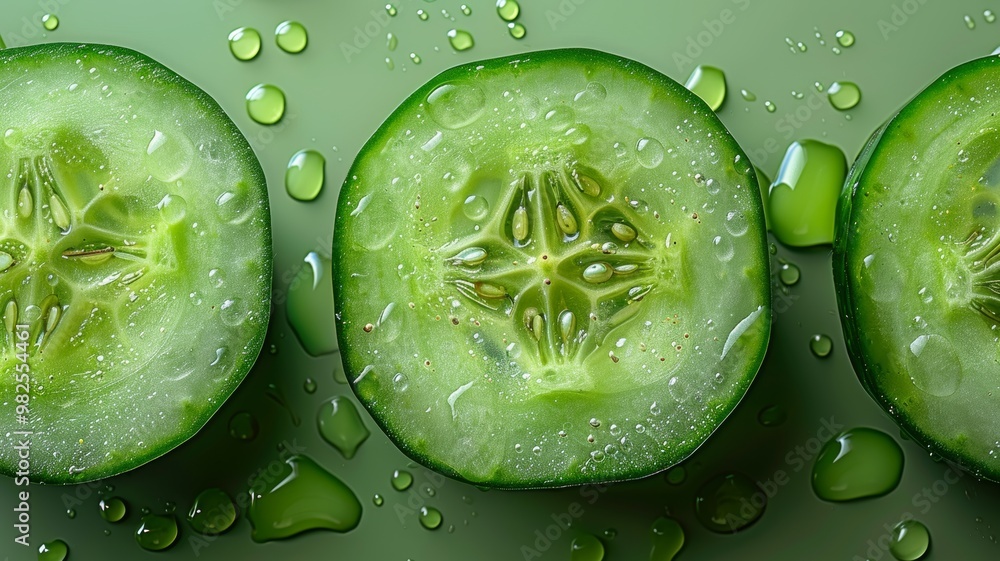 A minimalistic close-up of a slice of cucumber, with the crisp, green outer layer and delicate inner pattern of seeds clearly visible A minimalistic close-up of a slice of cucumber, with the crisp, green outer layer and delicate inner pattern of seeds clearly visible