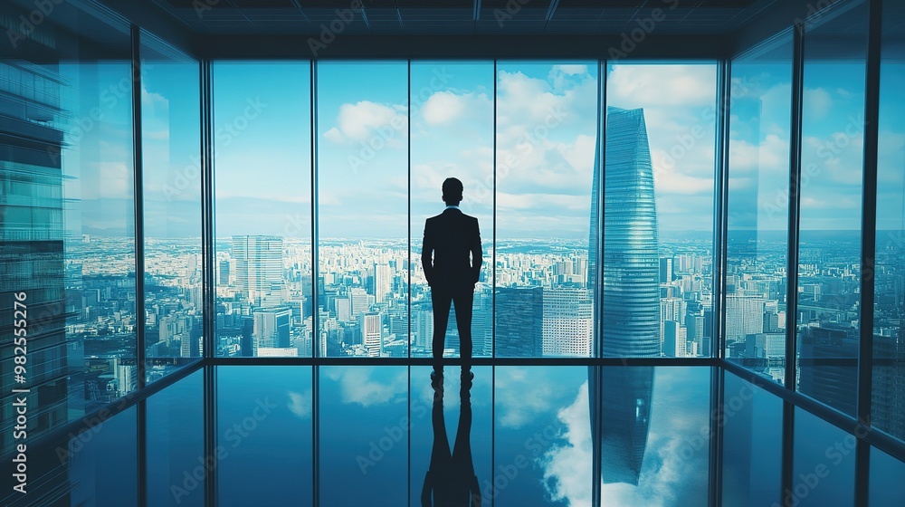 Businessman standing with self-assurance in a high-rise office, with a panoramic cityscape visible through large windows