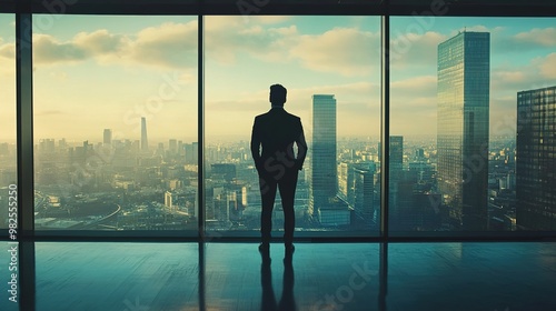 Businessman standing with self-assurance in a high-rise office, with a panoramic cityscape visible through large windows photo