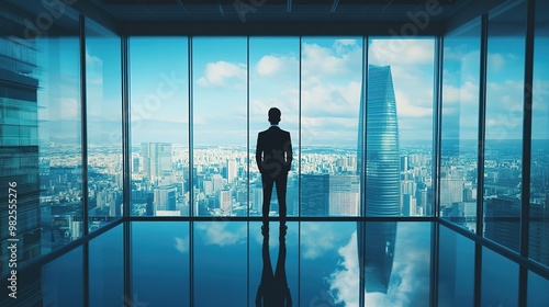 Businessman standing with self-assurance in a high-rise office, with a panoramic cityscape visible through large windows