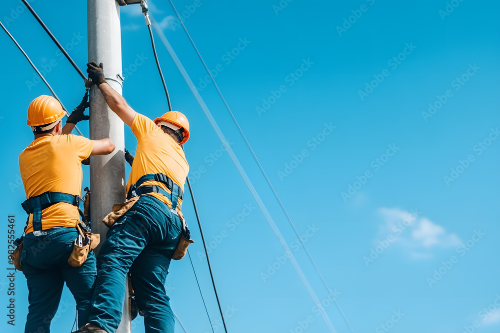 Electricians Working Together with One on the Pole | Professional Electrical Maintenance and Teamwork Electricians Working Together with One on the Pole | Professional Electrical Maintenance and Teamwork