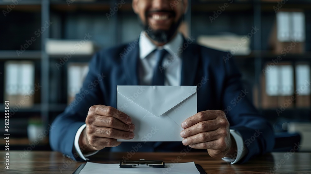 Happy Payday: Businessman Smiling with a Surprise Envelope. Reward,recognition,achievement,finance,investment,Christmas bonus. Happy Payday: Businessman Smiling with a Surprise Envelope. Reward,recognition,achievement,finance,investment,Christmas bonus.