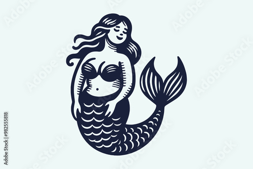 Curvy plump mermaid. Engraving vintage vector illustration, monochrome black color. Woodcut logo, emblem