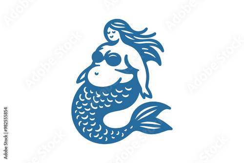 Curvy plump mermaid. Engraving vintage vector illustration, monochrome black color. Woodcut logo, emblem