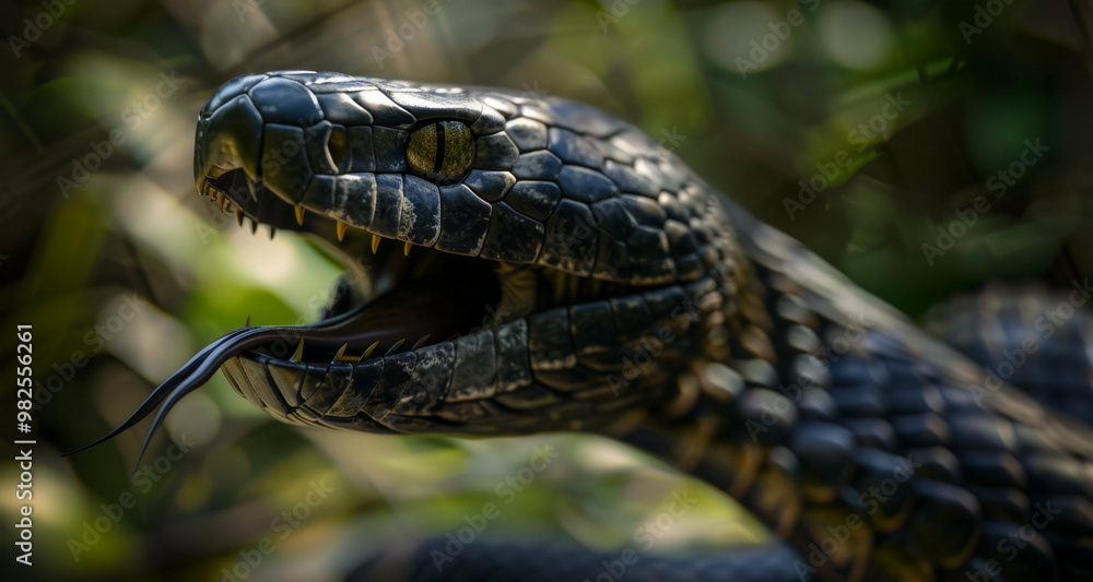 This image captures a closeup view of a black snake showing its mouth wide open in an intriguing display of its features This image captures a closeup view of a black snake showing its mouth wide open in an intriguing display of its features