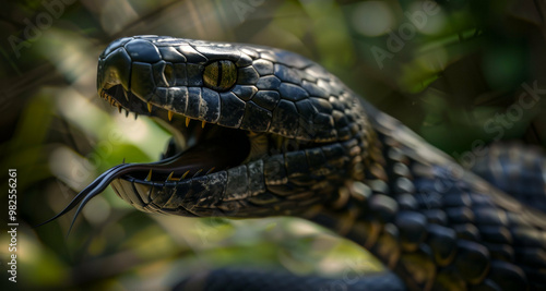 This image captures a closeup view of a black snake showing its mouth wide open in an intriguing display of its features