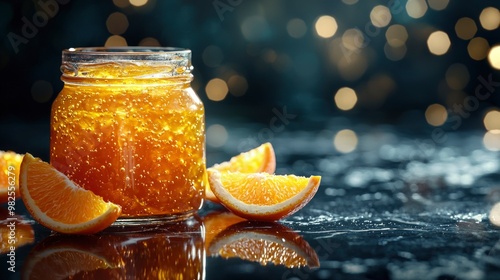 An exquisite jar of orange marmalade or jam sits elegantly on a smooth black marble surface, surrounded by vibrant orange slices, showcasing the luxurious treat.