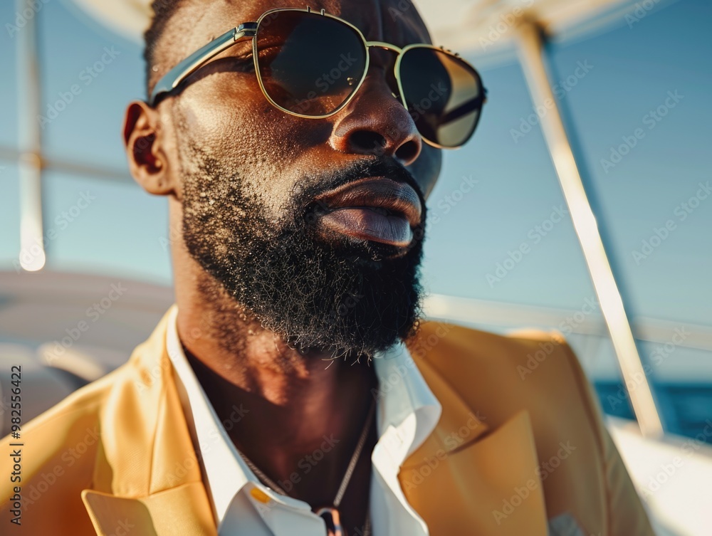 A well-dressed man wearing sunglasses on a boat, exuding confidence and enjoyment of the luxury lifestyle. A well-dressed man wearing sunglasses on a boat, exuding confidence and enjoyment of the luxury lifestyle.