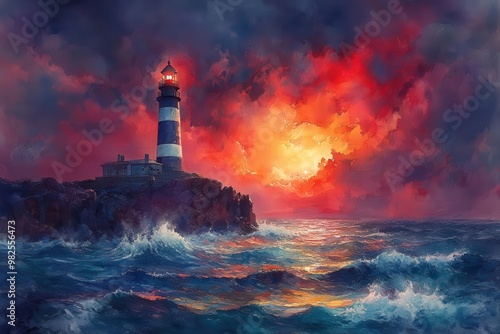 vibrant watercolor seascape featuring a majestic lighthouse perched on craggy cliffs with turbulent waves and a dramatic stormy sky in rich hues