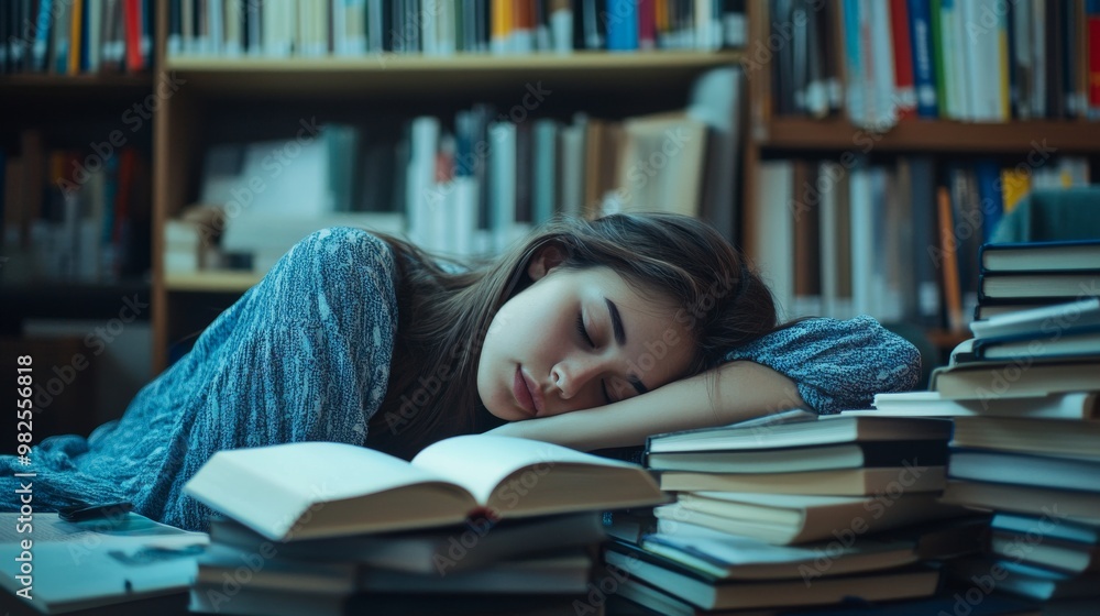 portrait of a girl in a library sleeping on a book portrait of a girl in a library sleeping on a book