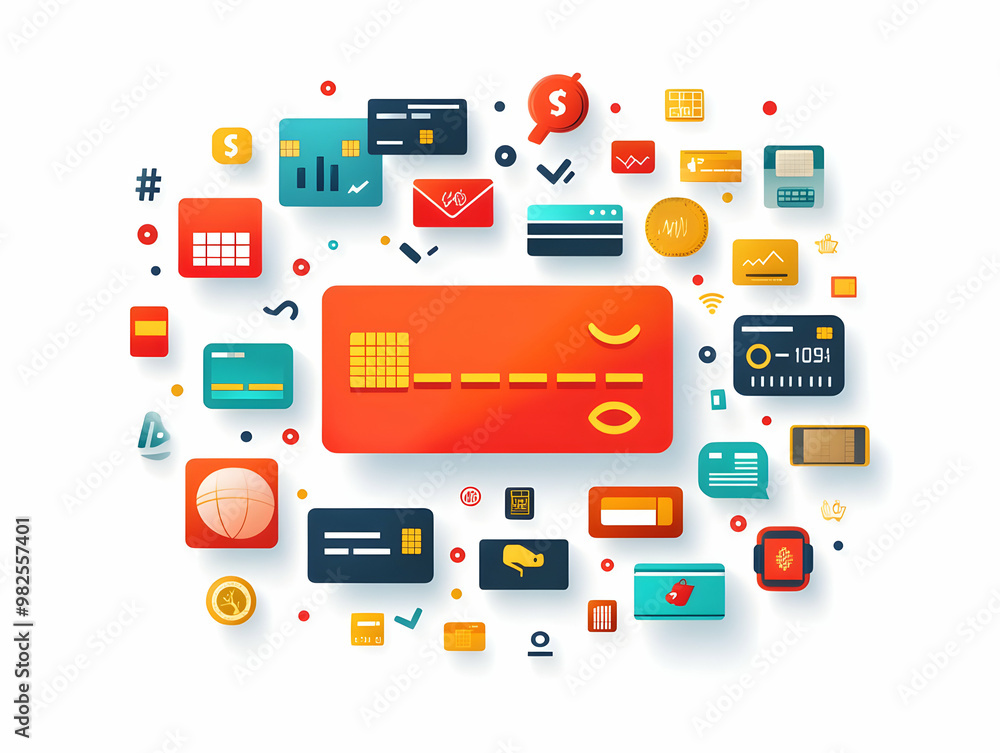 Flat Levitating Bank Card with Payment Icons - Secure Transactions & Digital Payments Illustration for Fintech and Banking Content on White Background Flat Levitating Bank Card with Payment Icons - Secure Transactions & Digital Payments Illustration for Fintech and Banking Content on White Background