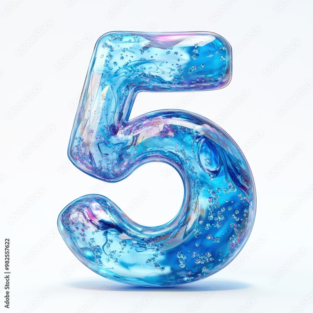 3D number 5 with blue liquid with glitters in glass number texture realistic modern design, soft lighting, white background. 3D number 5 with blue liquid with glitters in glass number texture realistic modern design, soft lighting, white background.