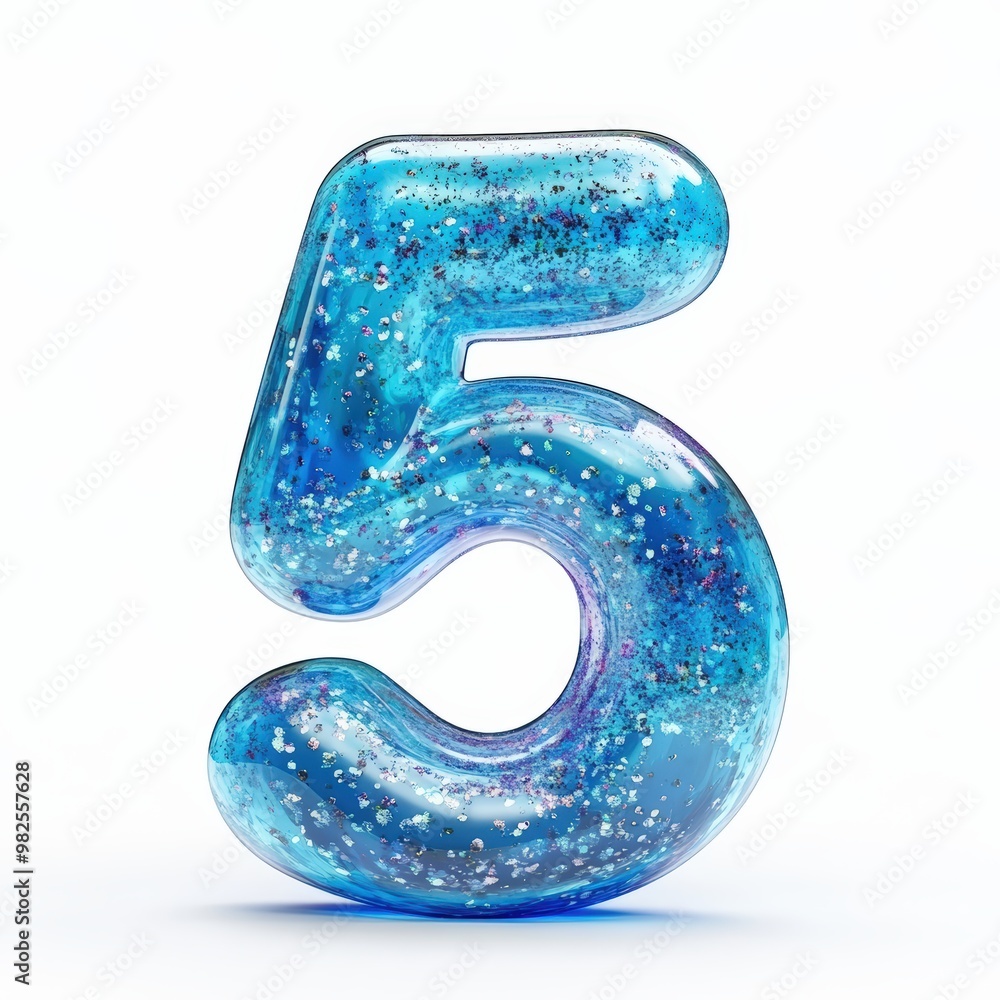 3D number 5 with blue liquid with glitters in glass number texture realistic modern design, soft lighting, white background. 3D number 5 with blue liquid with glitters in glass number texture realistic modern design, soft lighting, white background.