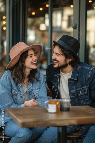 Two friends enjoying a casual outdoor coffee conversation.