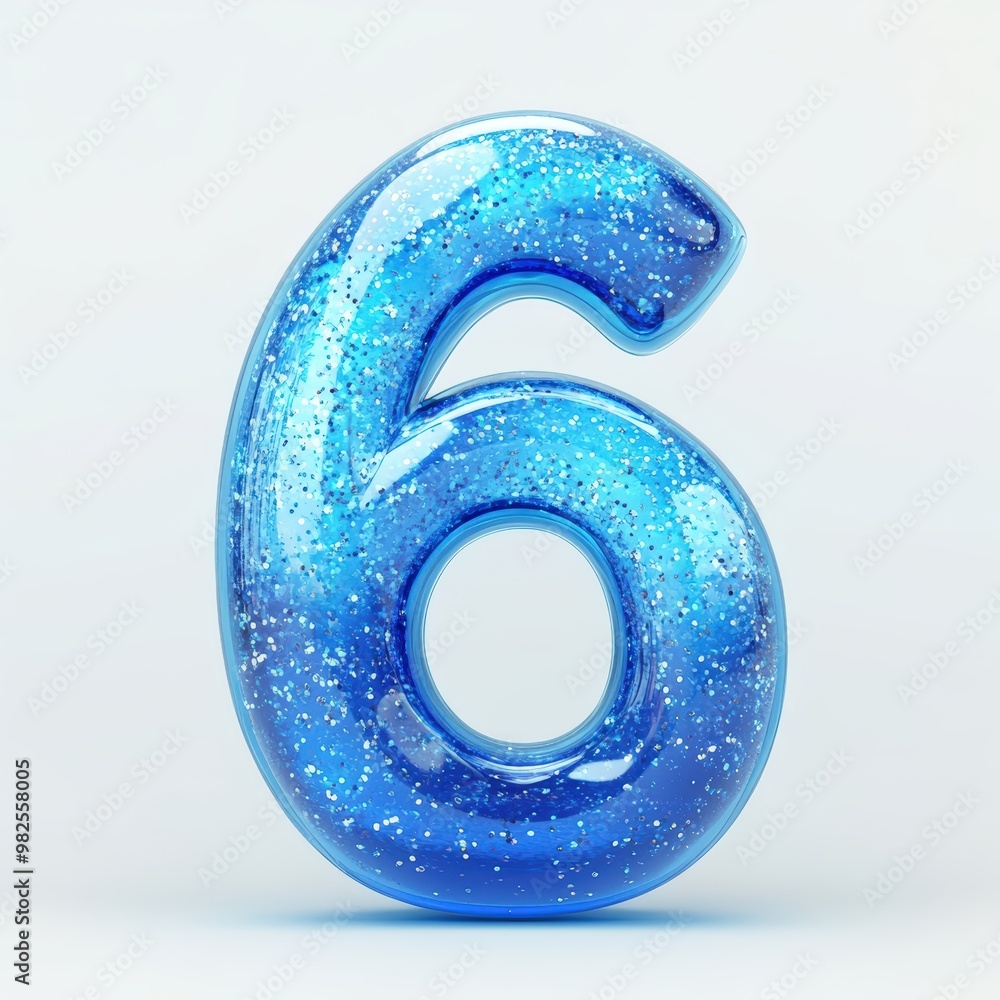 3D number 6 with blue liquid with glitters in glass number texture realistic modern design, soft lighting, white background. 3D number 6 with blue liquid with glitters in glass number texture realistic modern design, soft lighting, white background.