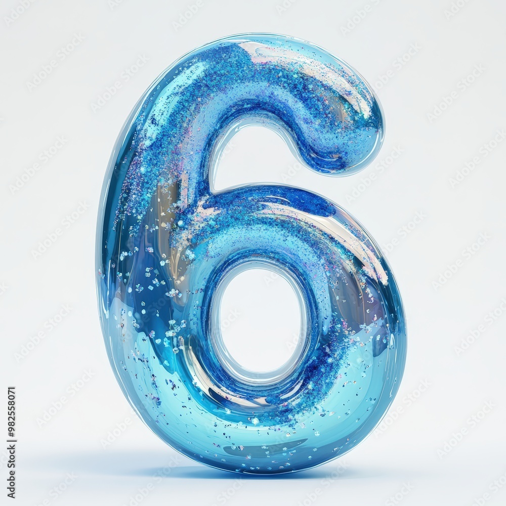 3D number 6 with blue liquid with glitters in glass number texture realistic modern design, soft lighting, white background. 3D number 6 with blue liquid with glitters in glass number texture realistic modern design, soft lighting, white background.