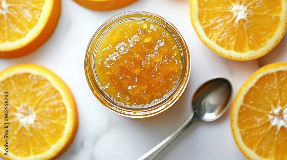 A jar of vibrant orange jam sits alongside neatly sliced orange pieces, complemented by fresh green leaves, creating a colorful culinary display. A jar of vibrant orange jam sits alongside neatly sliced orange pieces, complemented by fresh green leaves, creating a colorful culinary display.