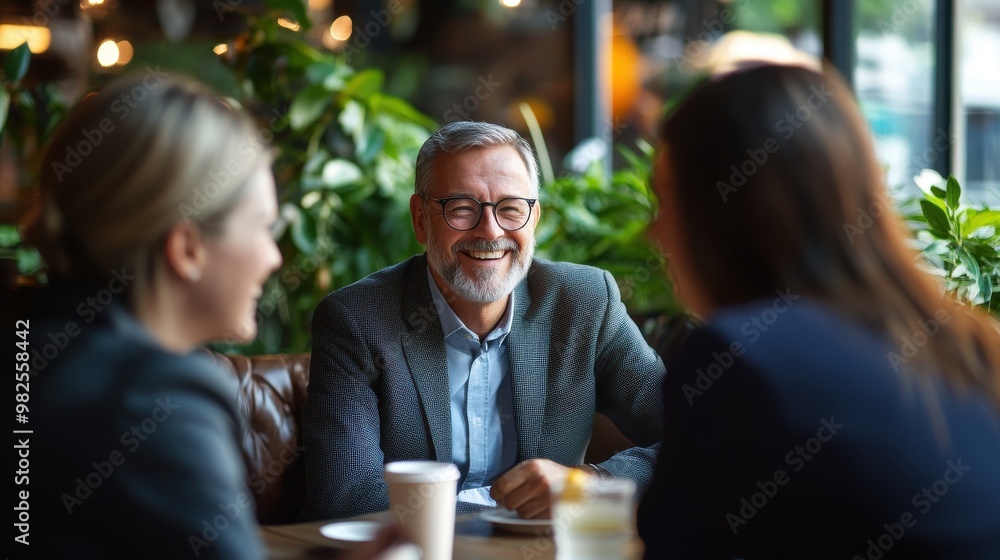 Smiling business people having a meeting in a coffee shop. Smiling business people having a meeting in a coffee shop.