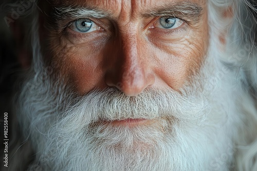 weathered portrait of a jovial elder with twinkling eyes and a flowing white beard radiating wisdom and warmth against a softfocus background