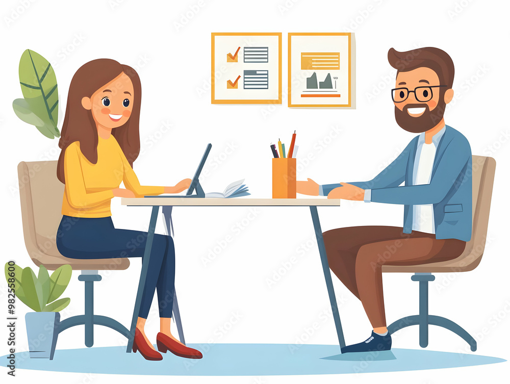 Flat Vector Illustration of a Candid Financial Consultation: Client and Consultant Discussing Savings, Spending, and Profits in an Office Setting Flat Vector Illustration of a Candid Financial Consultation: Client and Consultant Discussing Savings, Spending, and Profits in an Office Setting