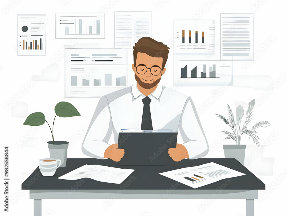 Flat Vector Illustration: Small Business Owner Reviewing Financial Reports in Bright Office - Candid Capture of Spending, Savings, and Profits for Business Planning Flat Vector Illustration: Small Business Owner Reviewing Financial Reports in Bright Office - Candid Capture of Spending, Savings, and Profits for Business Planning