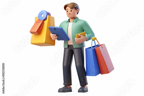 Flat Vector Illustration of a Candid Shopper Browsing Products with Discount Coupons - Ideal for Retail Marketing Campaigns