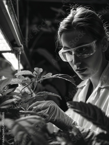 A female scientist conducting research on plants in a laboratory setting. She is observing plant growth under various light conditions. photo