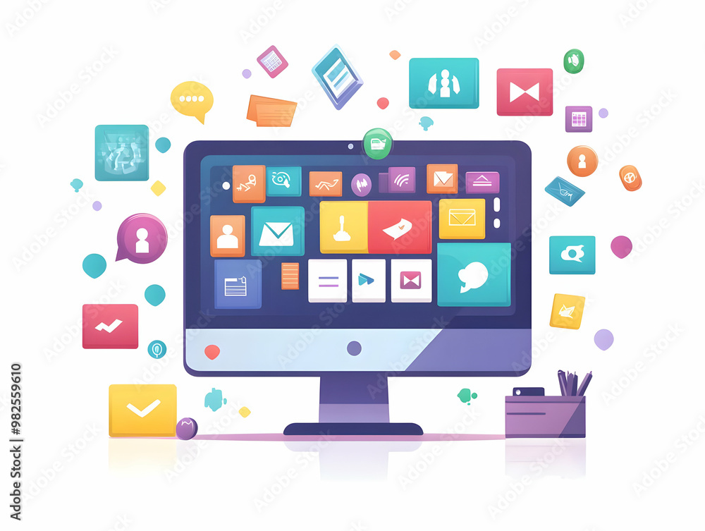 Modern Flat Glossy Monitor with Floating Holographic Coupon and Retail Icons - Ideal for Digital Retail Promotions and Branding Modern Flat Glossy Monitor with Floating Holographic Coupon and Retail Icons - Ideal for Digital Retail Promotions and Branding