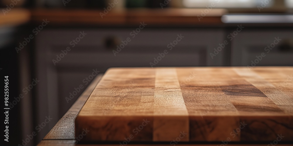 Close-up of a wooden kitchen counter with an elegant chopping board, perfect for food preparation and stylish kitchens. Close-up of a wooden kitchen counter with an elegant chopping board, perfect for food preparation and stylish kitchens.