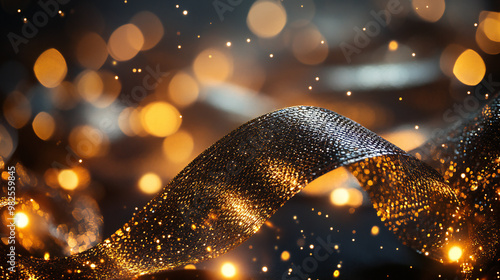 A sparkling gold and silver ribbon twists gracefully against a backdrop of warm bokeh lights, creating an elegant and festive holiday scene.