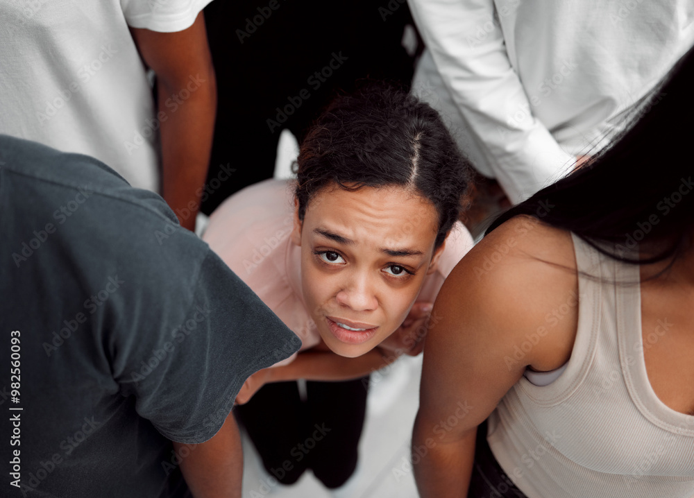 Obraz premium Schizophrenia, portrait and woman with fear of people for bipolar terror, addiction and mental health. Personality disorder, scared girl or panic with psychosis, top view and trauma anxiety in public