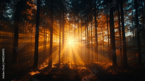 Golden Rays of Sunlight Illuminating Misty Forest