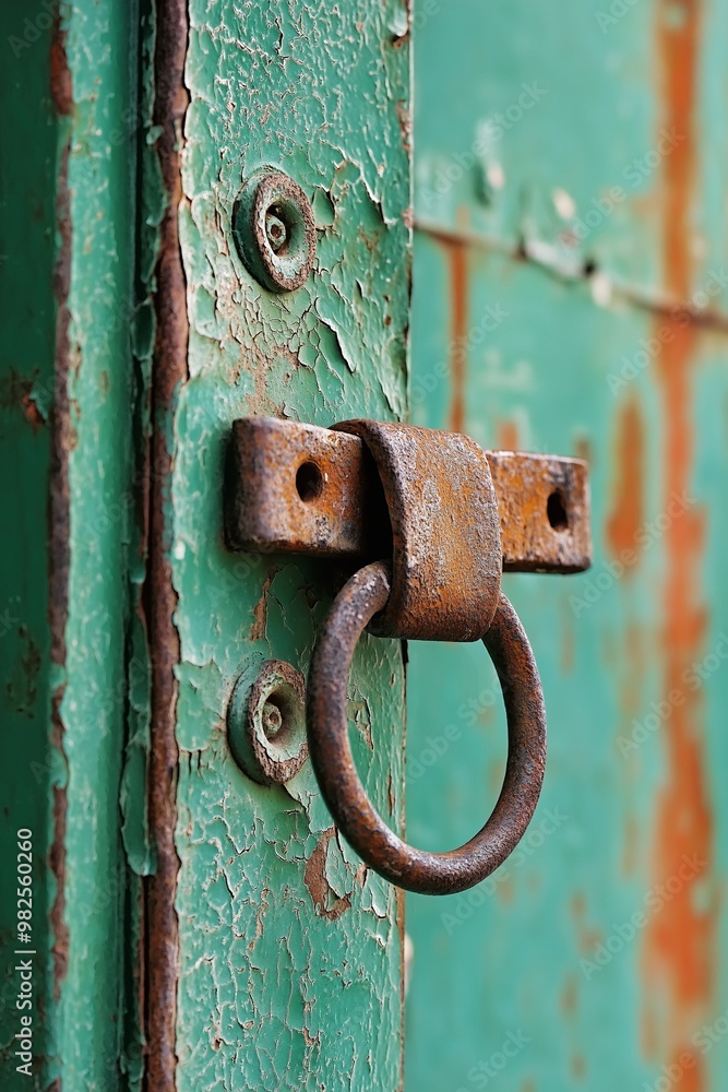An aged green door features a rustic and rusty metal lock ring, symbolizing history and weathering over time. An aged green door features a rustic and rusty metal lock ring, symbolizing history and weathering over time.