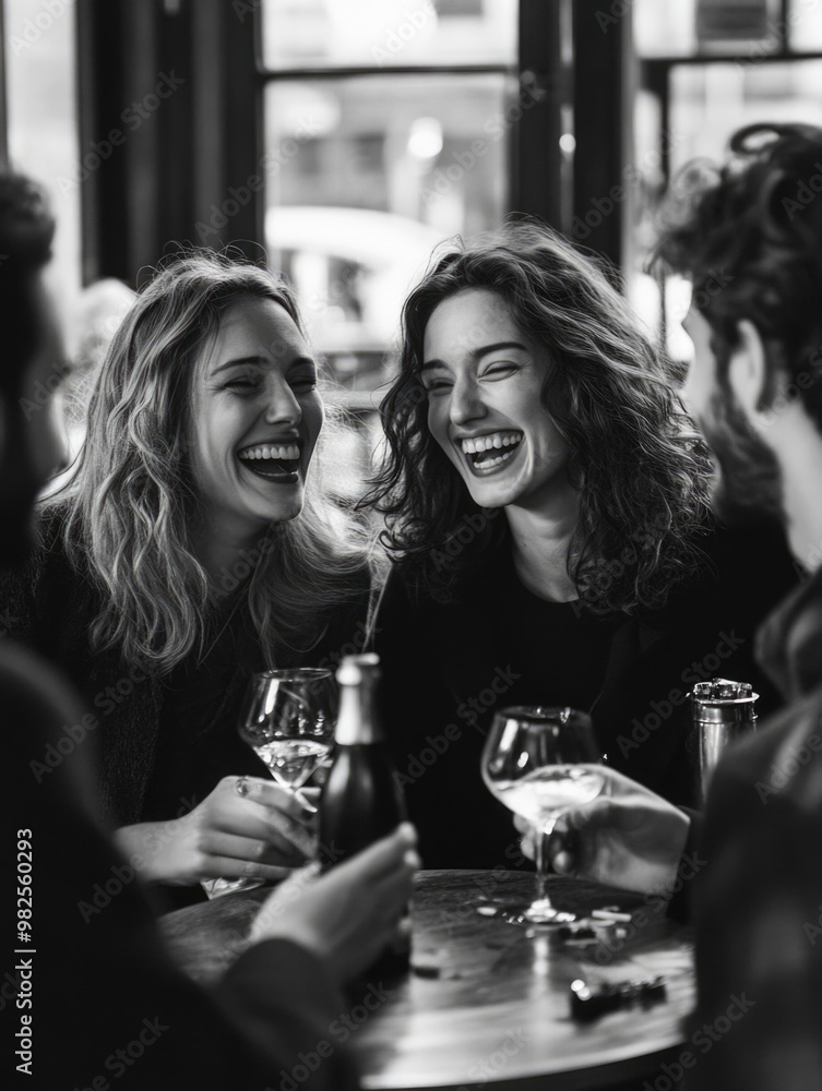 Two women laughing and enjoying a night out at an urban cafe, sharing glasses of wine and engaging in lively conversation. Two women laughing and enjoying a night out at an urban cafe, sharing glasses of wine and engaging in lively conversation.